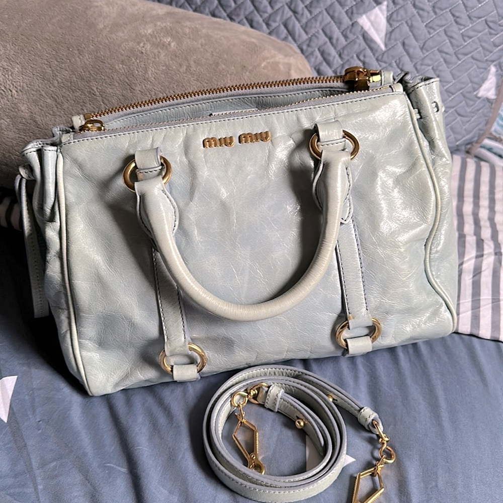 Miu Miu Vitello Shine Satchel Calf Leather - powder blue color